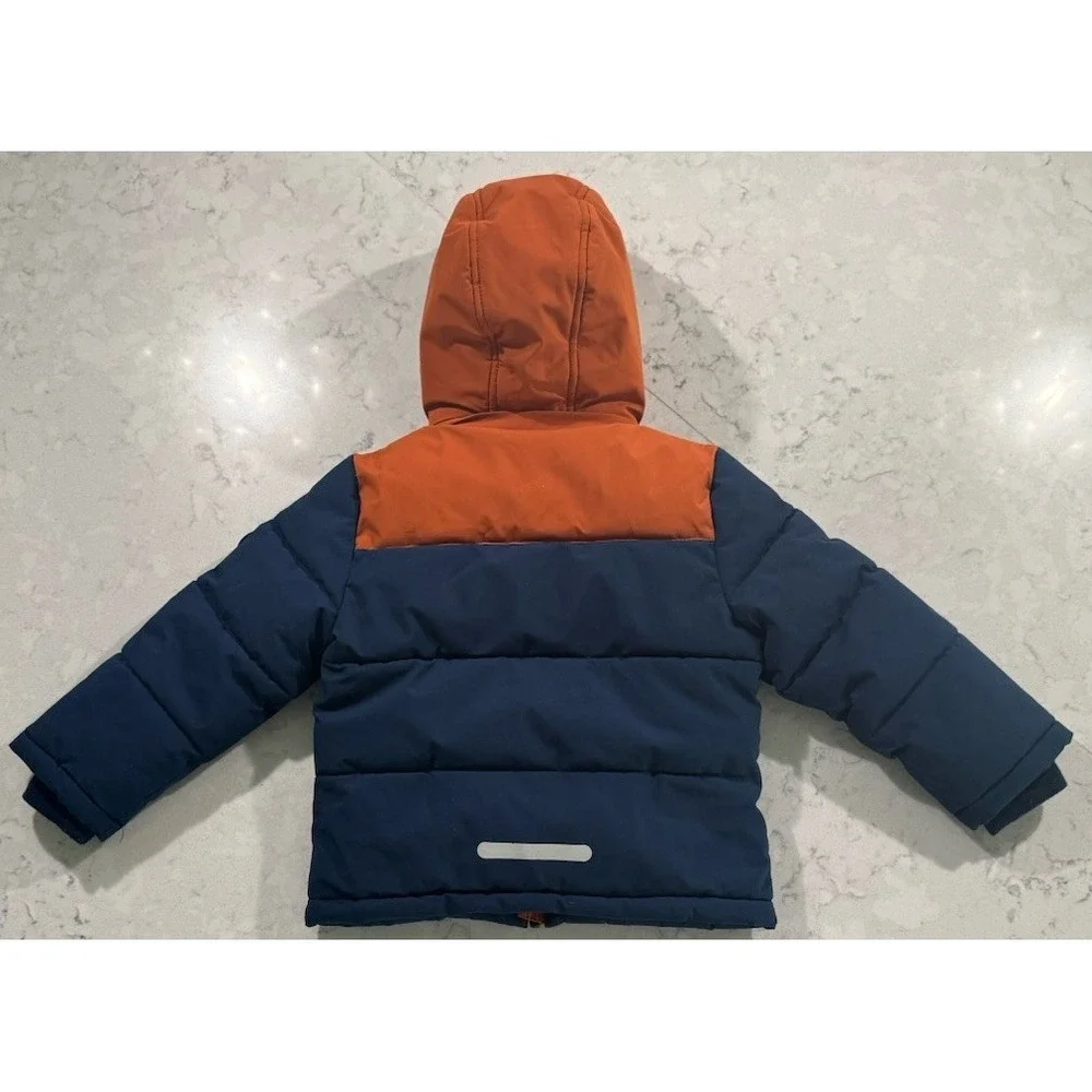 Member's Mark Puffer Jacket Boys 3T Navy Blue Orange Fleece Lined Hooded Coat